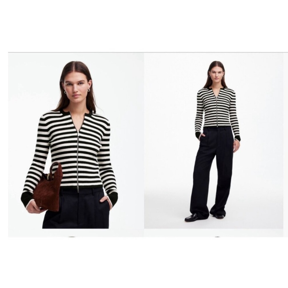 Madewell $118 Zip-Front Cardigan in Black Stripe Size M NT615